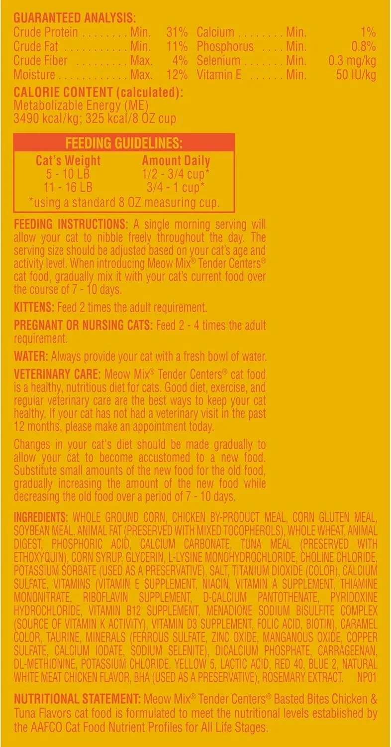 Meow Mix Tender Centers Basted Bites Dry Cat Food, Chicken & Tuna Flavor, 3 Pound (Pack of 4)   Tender Favorites Wet Cat Food Surf 'N Turf Variety Pack, 2.75 Ounce (Pack of 48) Bundle