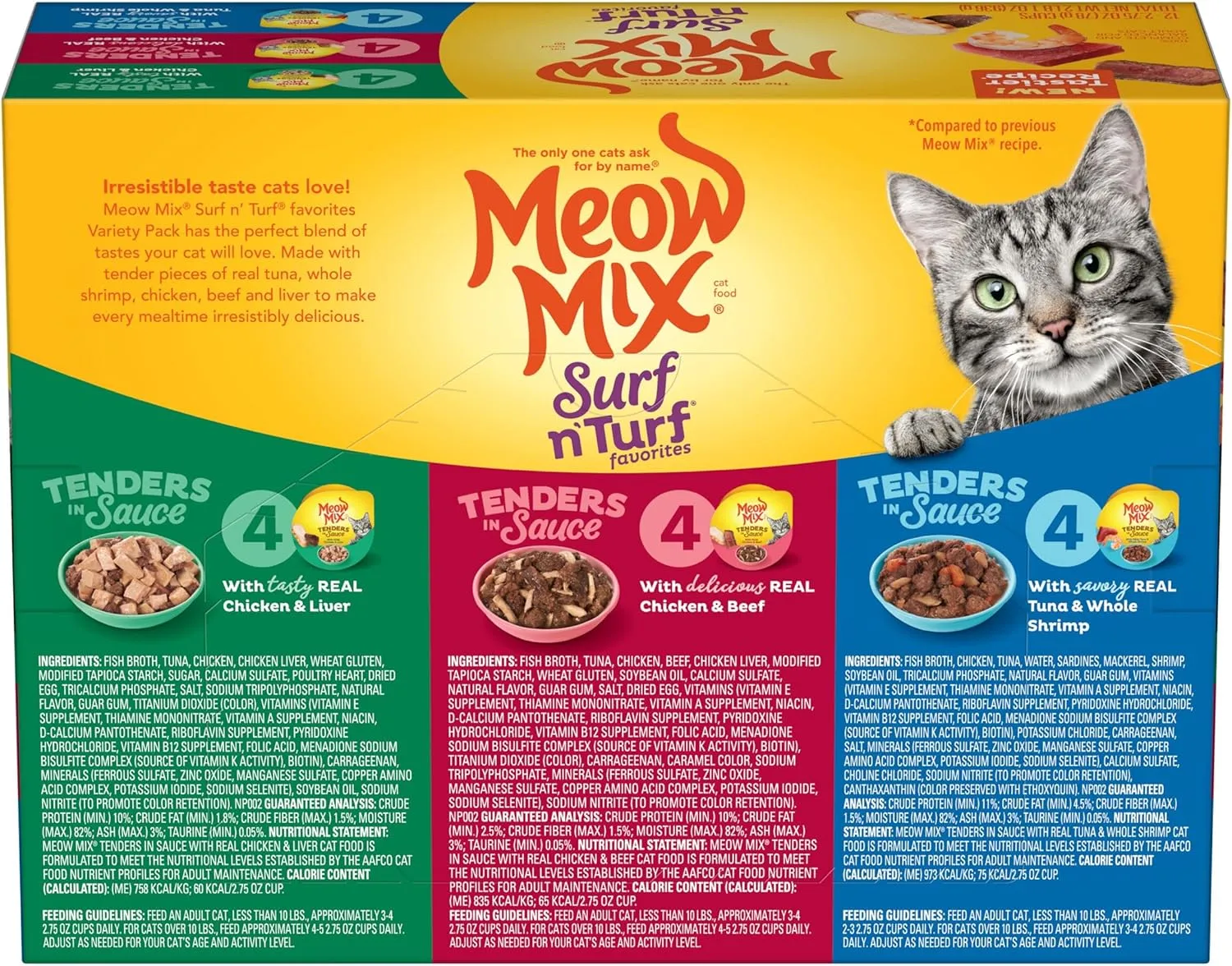 Meow Mix Tender Centers Basted Bites Dry Cat Food, Chicken & Tuna Flavor, 3 Pound (Pack of 4)   Tender Favorites Wet Cat Food Surf 'N Turf Variety Pack, 2.75 Ounce (Pack of 48) Bundle