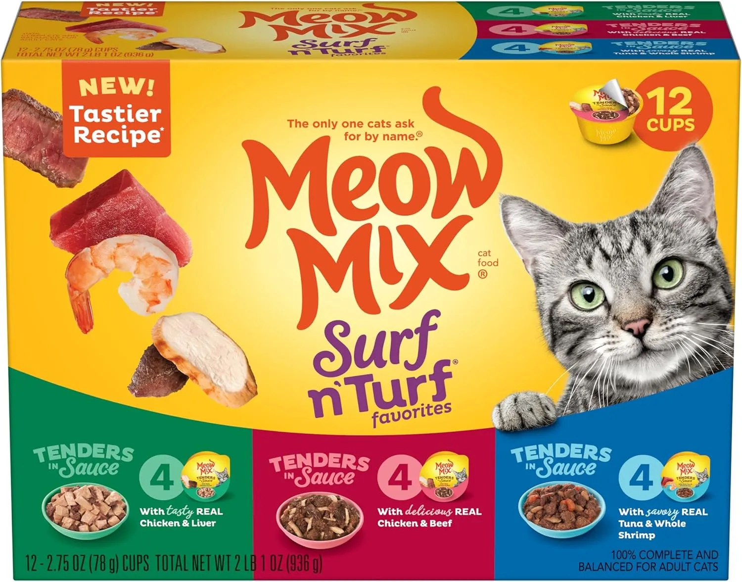 Meow Mix Tender Centers Basted Bites Dry Cat Food, Chicken & Tuna Flavor, 3 Pound (Pack of 4)   Tender Favorites Wet Cat Food Surf 'N Turf Variety Pack, 2.75 Ounce (Pack of 48) Bundle