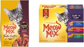 Meow Mix Tender Centers Basted Bites Dry Cat Food, Chicken & Tuna Flavor, 3 Pound (Pack of 4)   Tender Favorites Wet Cat Food Surf 'N Turf Variety Pack, 2.75 Ounce (Pack of 48) Bundle