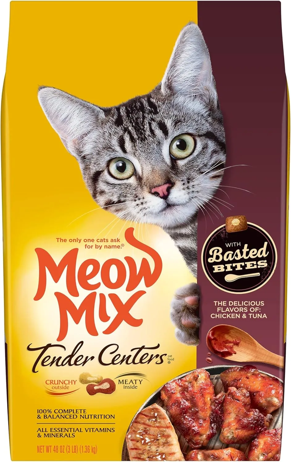 Meow Mix Tender Centers Basted Bites Dry Cat Food, Chicken & Tuna Flavor, 3 Pound (Pack of 4)   Tender Favorites Wet Cat Food Surf 'N Turf Variety Pack, 2.75 Ounce (Pack of 48) Bundle