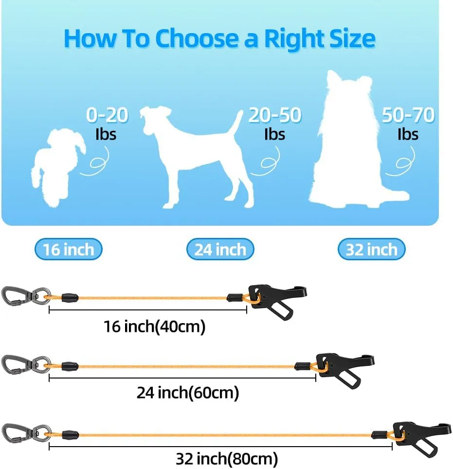 MiaoChuai 3-in-1 Dog Car Seat Belt Harness | Chew-Proof Steel Cable Leash with Heavy-Duty Buckle & Clip | Car Safety Restraint for Small, Medium, Large Dogs (Orange, 24 inch/60 CM)