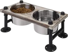 MyGift Rustic Solid Torched Wood Elevated Dog Feeder with Industrial Metal Legs, Dog Food and Water Bowls for Medium Dogs, Raised Pet Feeder with 2 Stainless Steel Bowls