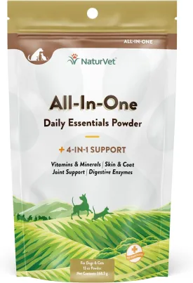 NaturVet All-in-One Dog Supplement - for Joint Support, Digestion, Skin, Coat Care  Dog Multivitamins with Minerals, Omega-3, 6, 9  Wheat-Free Vitamins for Dogs  13-Ounce Powder