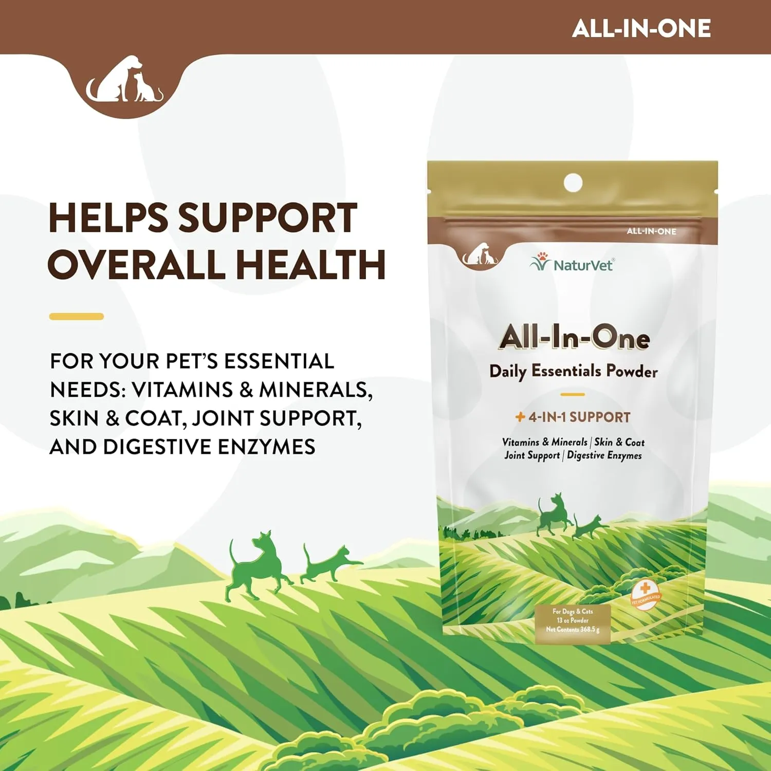 NaturVet All-in-One Dog Supplement - for Joint Support, Digestion, Skin, Coat Care  Dog Multivitamins with Minerals, Omega-3, 6, 9  Wheat-Free Vitamins for Dogs  13-Ounce Powder