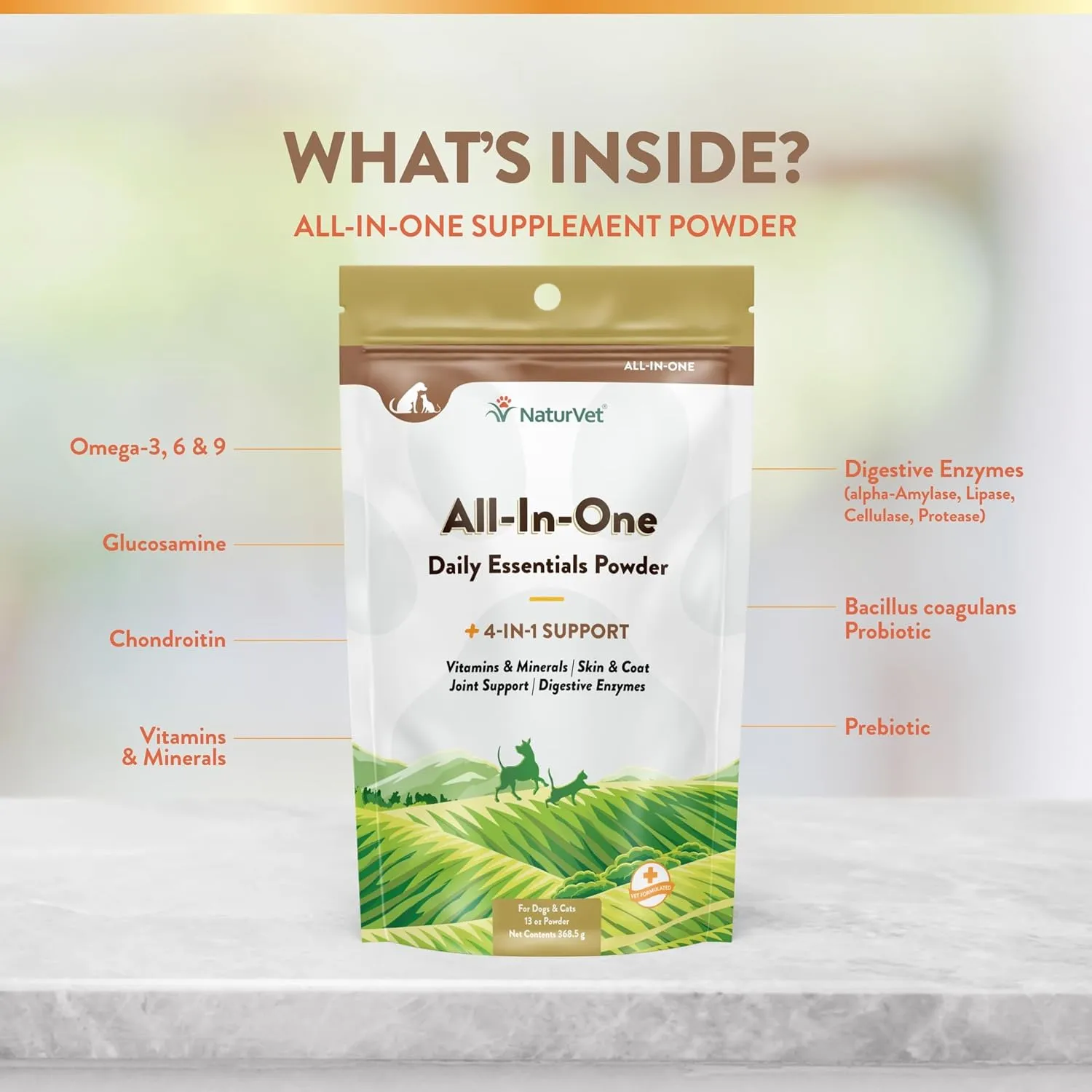 NaturVet All-in-One Dog Supplement - for Joint Support, Digestion, Skin, Coat Care  Dog Multivitamins with Minerals, Omega-3, 6, 9  Wheat-Free Vitamins for Dogs  13-Ounce Powder