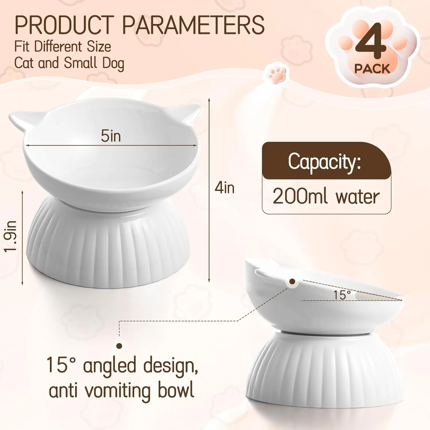 Nuanchu 4 Pcs Ceramic Elevated Cat Bowls,15 Tilted Raised Bowl Anti-Vomiting, Whisker Friendly, Adjustable Cat Dishes for Protecting Spine, Microwave and Dishwasher Safe(Pure White, Pure Black)