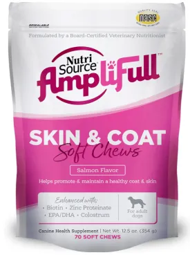NutriSource AmpliFull Salmon Flavor Skin & Coat Soft Chews for Dogs, Daily Omega-3 Fatty Acids, Zinc & Biotin Supplement for Shiny Coat & Healthy Skin, 70 Chews (1 Pack)