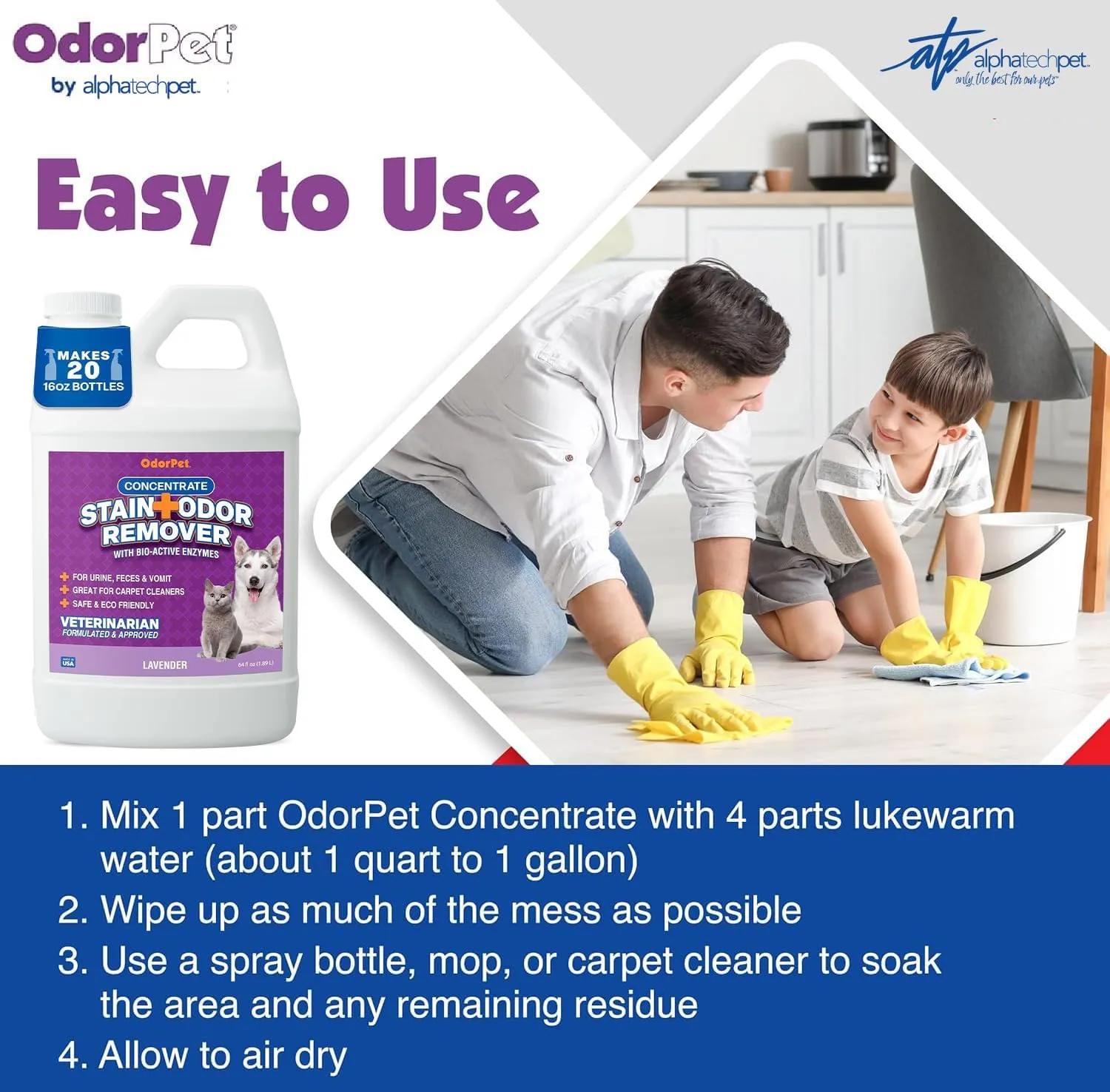 OdorPet Concentrate Stain and Odor Remover - 64 oz. (Makes 2.55 Gallons of Working Solution) - Lavender Scented Pet Odor Eliminator for Carpet, Floor and Furniture by Alpha Tech Pet