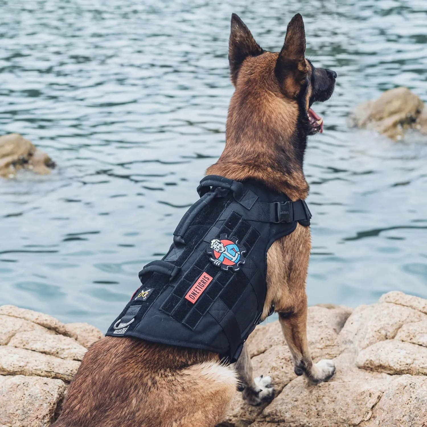 OneTigris Large Tactical Dog Harness, No Pulling Adjustable Dog Vest Harness, Heavy Duty Dog Harness with Handle, Large Hook and Loop Panels for Patch Black