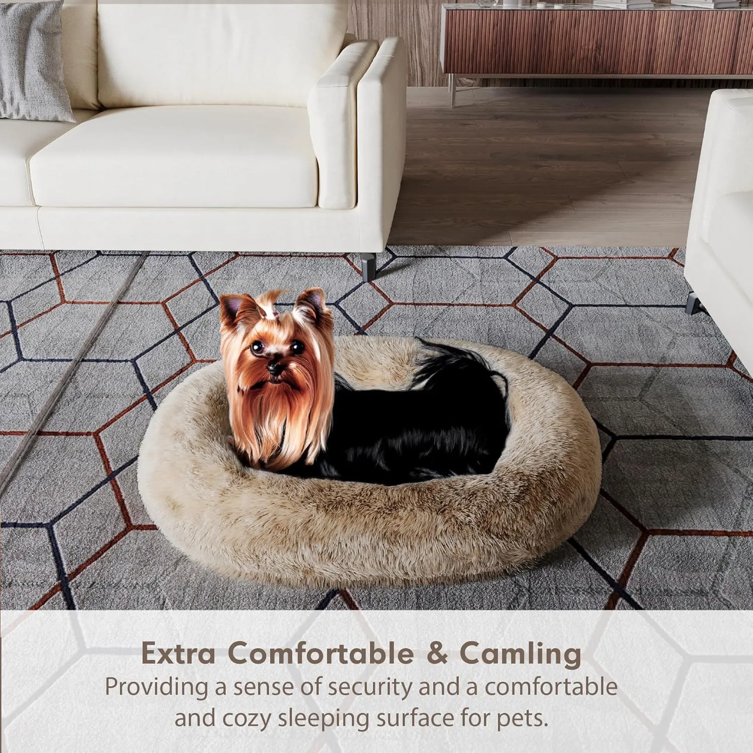 Orthopedic Calming Dog Bed for Medium Dogs, Anti Anxiety Pet Beds with Supportive Foam, Removable Washable Oval Pets Couch, Fluffy Cuddle Bolster Cushion, Beige
