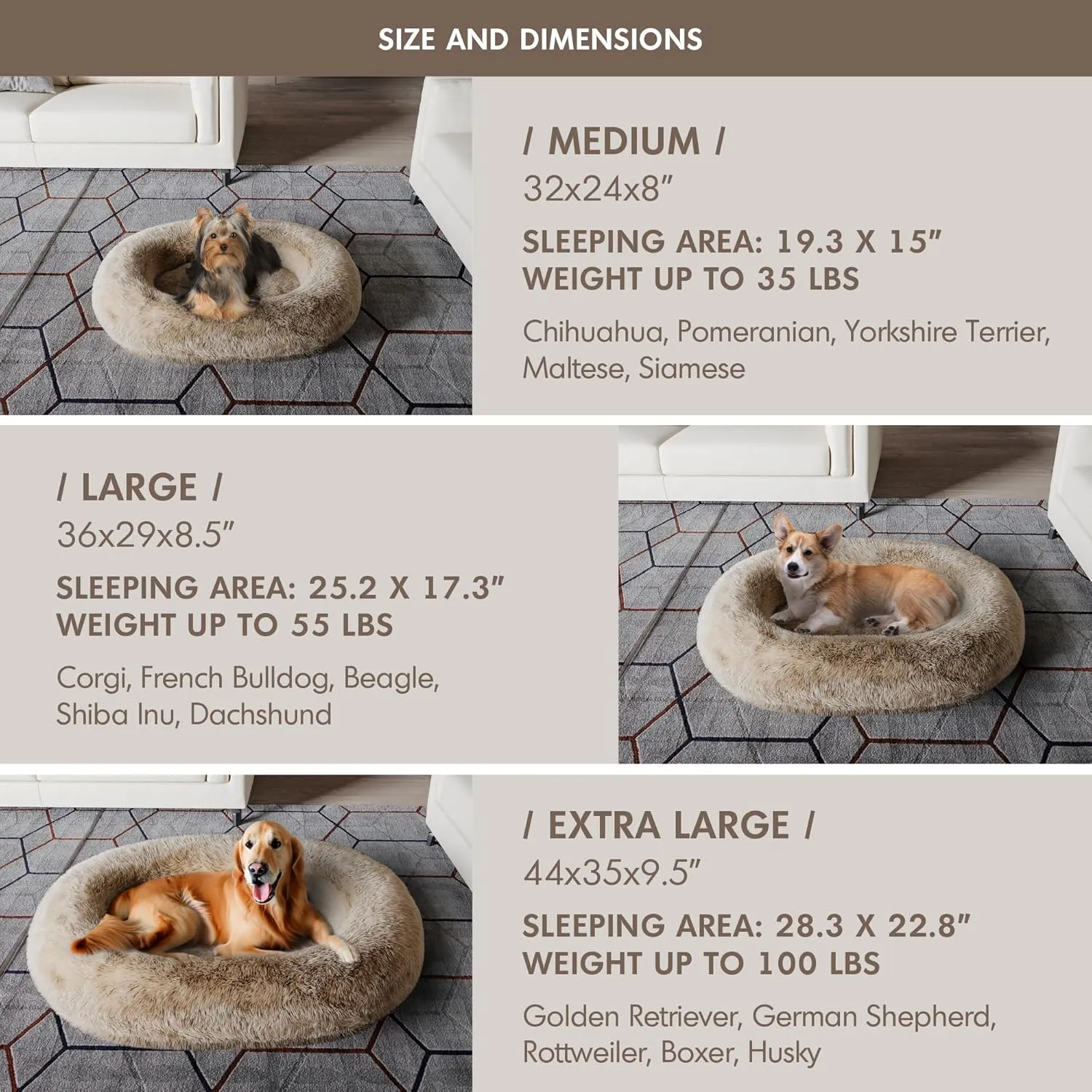 Orthopedic Calming Dog Bed for Medium Dogs, Anti Anxiety Pet Beds with Supportive Foam, Removable Washable Oval Pets Couch, Fluffy Cuddle Bolster Cushion, Beige