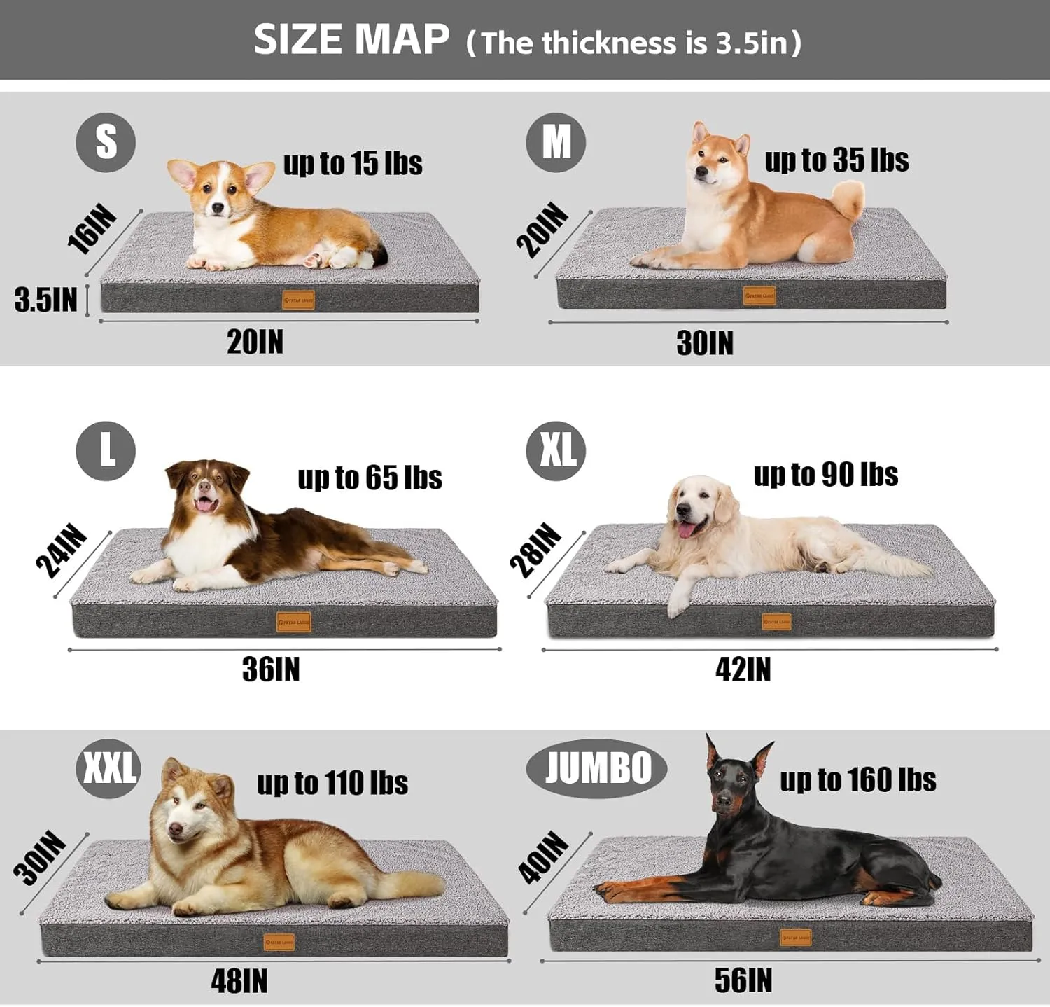 Patas Lague Orthopedic XL Dog Bed for Large Dogs 42''X28'', Soft Comfortable Waterproof Egg Crate Foam Big Large Pet Beds Mat with Removable Washable Cover, Grey