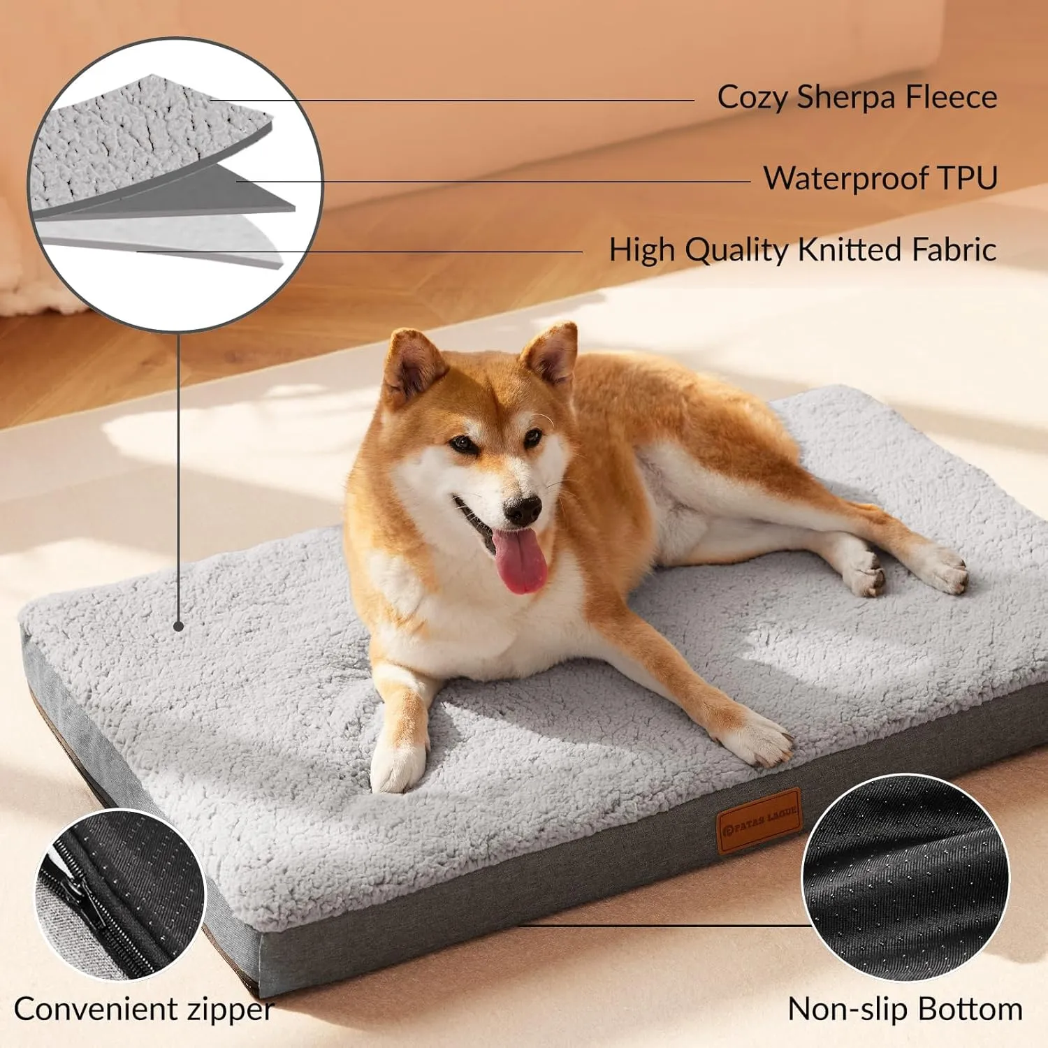 Patas Lague Orthopedic XL Dog Bed for Large Dogs 42''X28'', Soft Comfortable Waterproof Egg Crate Foam Big Large Pet Beds Mat with Removable Washable Cover, Grey