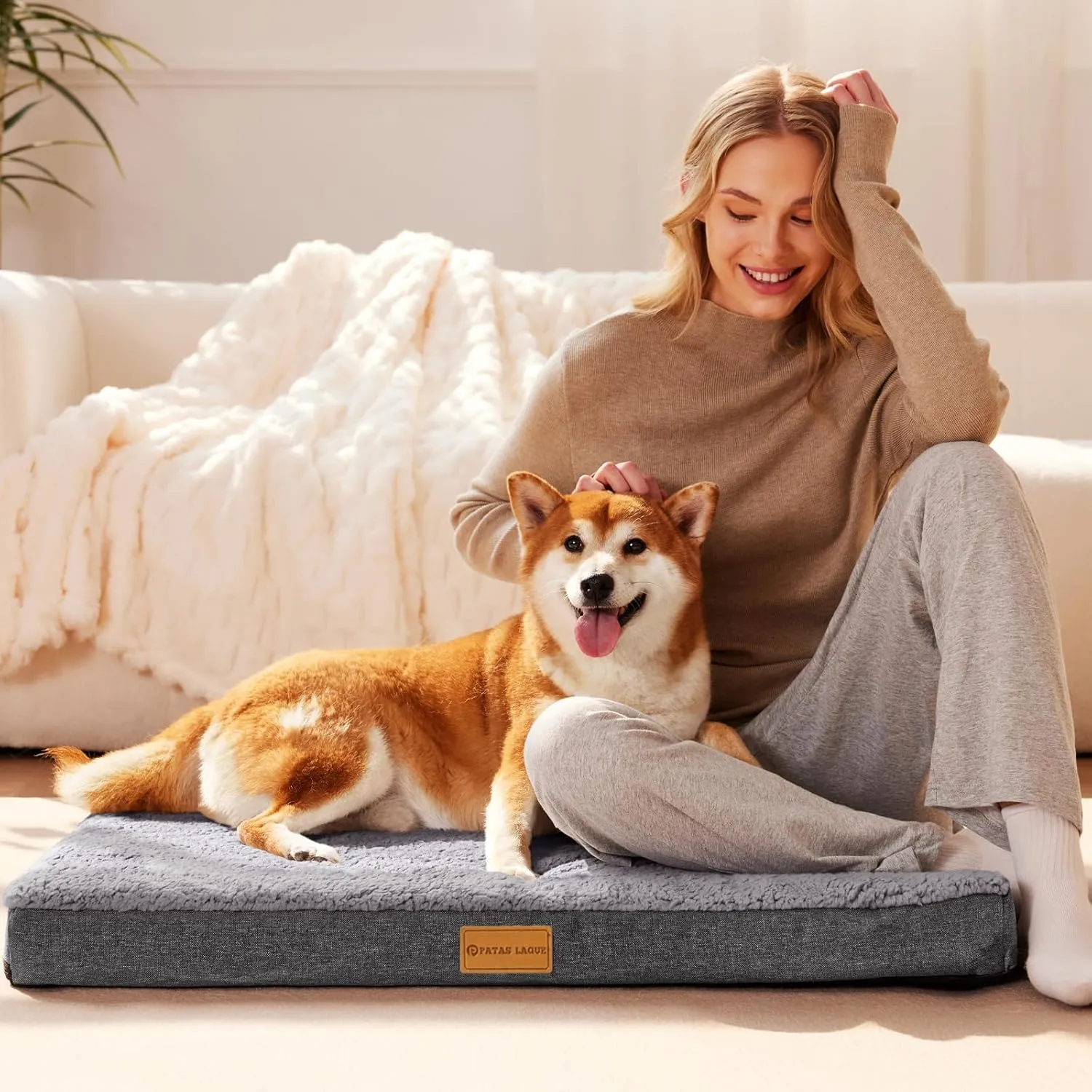 Patas Lague Orthopedic XL Dog Bed for Large Dogs 42''X28'', Soft Comfortable Waterproof Egg Crate Foam Big Large Pet Beds Mat with Removable Washable Cover, Grey