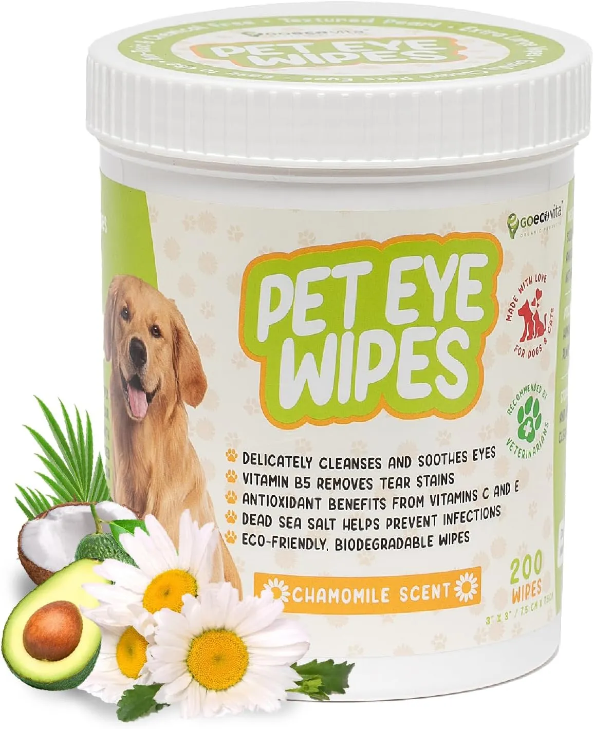 Pet Eye Wipes for Dogs & Cats | Gently Removes Tear Stains, Eye Debris, Discharge, Mucus Secretions | Chamomile Oil Pet Cleaning & Deodorizing Wipes for Eyes & Stains (200 Count)