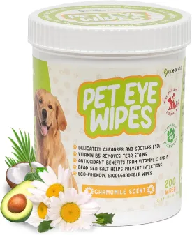 Pet Eye Wipes for Dogs & Cats | Gently Removes Tear Stains, Eye Debris, Discharge, Mucus Secretions | Chamomile Oil Pet Cleaning & Deodorizing Wipes for Eyes & Stains (200 Count)