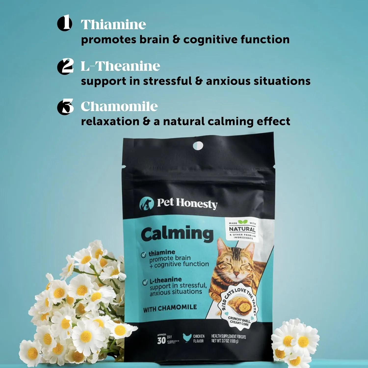 Pet Honesty Calming Chews for Cats - Cat Anxiety Relief   Helps Reduce Stress - Behavioral Support & Promotes Relaxation for Travel, Boarding, Vet Visits, Separation Anxiety - Chicken (30-Day Supply)