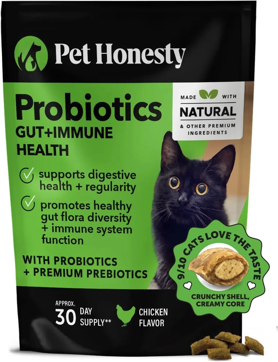 Pet Honesty Cat Probiotics Gut   Immune Health Crunchy & Creamy Chews - Digestive Health, Supports Gut Health, Immunity, Healthy Digestion   Cat Constipation Relief - Chicken 30-Day Supply