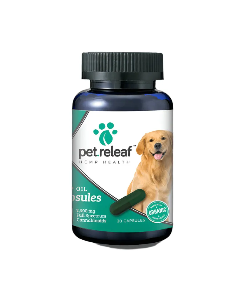 Pet Releaf CBD Hemp Oil Capsules 450mg Bottle Dog and Cat Health Supplements