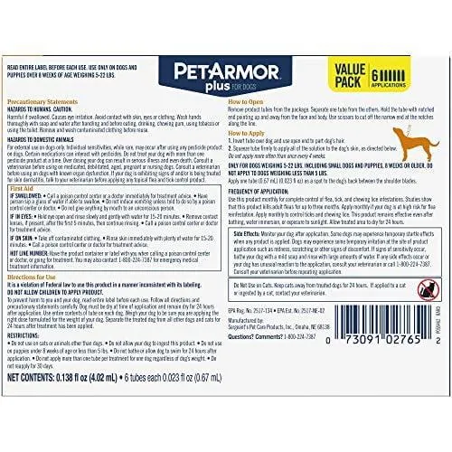 PetArmor Plus for Dogs, Flea and Tick Prevention for Small Dogs (5-22 Pounds), Includes 6 Month Supply of Topical Flea Treatments