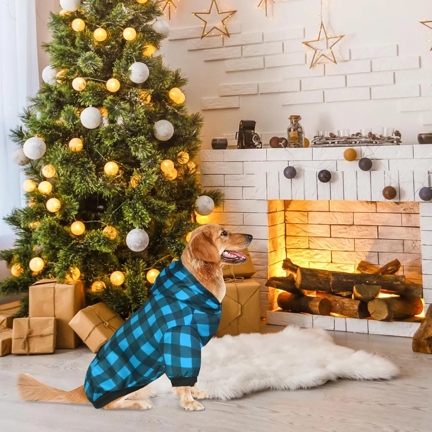 Plaid Dog Sweaters Hoodies Sweatshirts for Dogs Cats, Warm and Soft Cold Weater Coats for Christmas (Blue, X-Large)