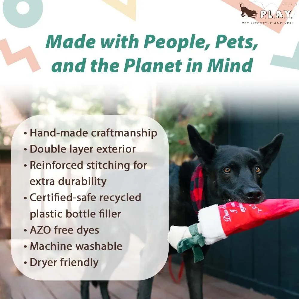 P.L.A.Y. Cute Plush Dog Toys - Merry Woofmas Christmas Themed Durable Squeaker Chew Toy, Great for Puppies & Small, Medium, Large Dog Breeds - Machine Washable, Recycled Materials (Good Dog Stocking)