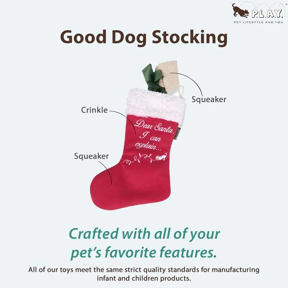 P.L.A.Y. Cute Plush Dog Toys - Merry Woofmas Christmas Themed Durable Squeaker Chew Toy, Great for Puppies & Small, Medium, Large Dog Breeds - Machine Washable, Recycled Materials (Good Dog Stocking)