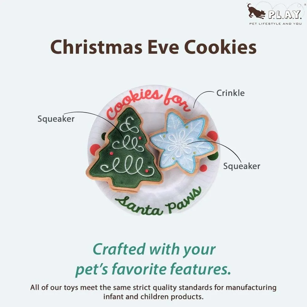 P.L.A.Y. Cute Plush Dog Toys - Merry Woofmas Christmas Themed Durable Squeaker Chew Toy, Great for Puppies & Small, Medium, Large Dogs - Machine Washable, Recycled Materials (Christmas Eve Cookies)