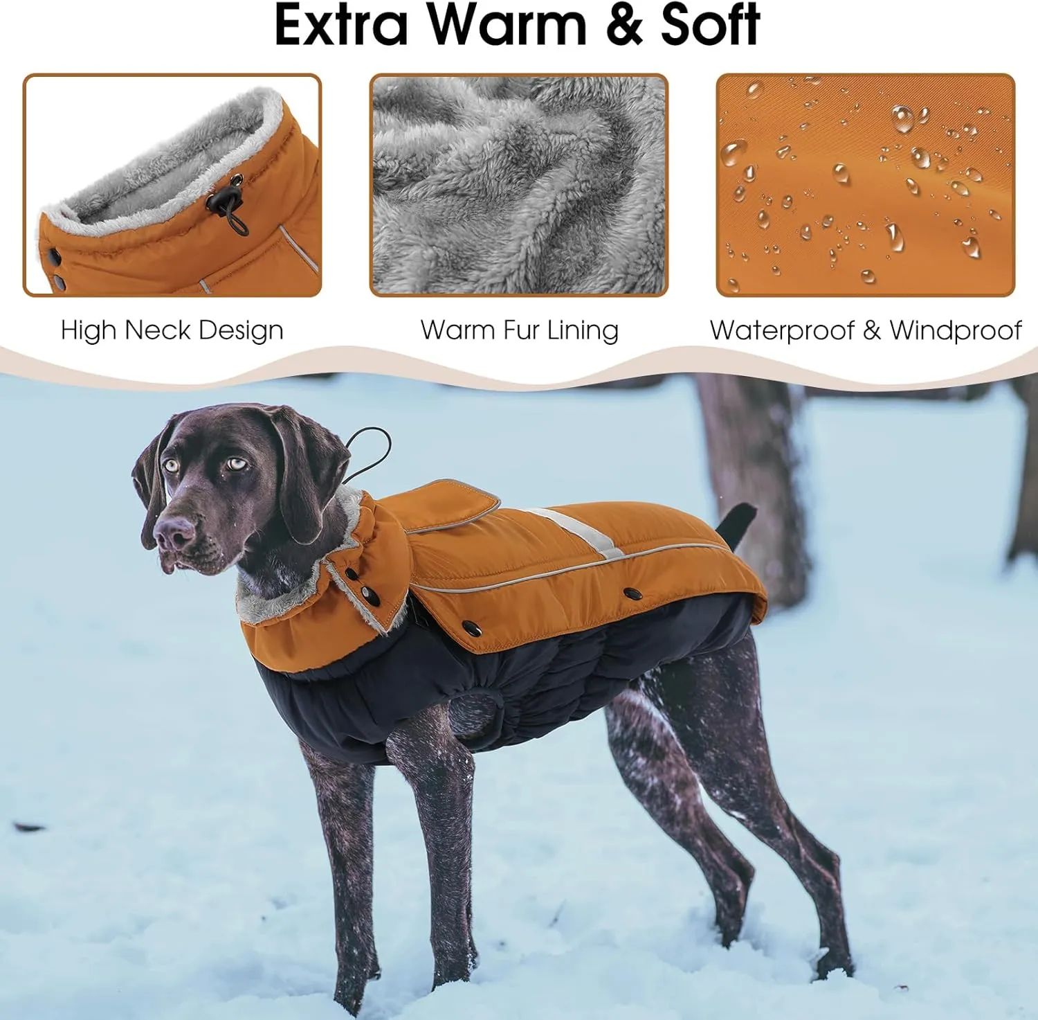 Queenmore Warm Fleece Dog Jacket, Cold Weather Waterproof Dog Snow Jacket with Leash Hole, Reflective Turtleneck Dog Snow Jacket Snowsuit,Dog Warm Coat for Small Medium& Large Dogs(Brown,XL)