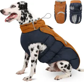 Queenmore Warm Fleece Dog Jacket, Cold Weather Waterproof Dog Snow Jacket with Leash Hole, Reflective Turtleneck Dog Snow Jacket Snowsuit,Dog Warm Coat for Small Medium& Large Dogs(Brown,XL)