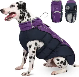Queenmore Warm Fleece Dog Jacket - Cold Weather Waterproof Dog Snowsuit, Reflective Turtleneck, Purple, XL