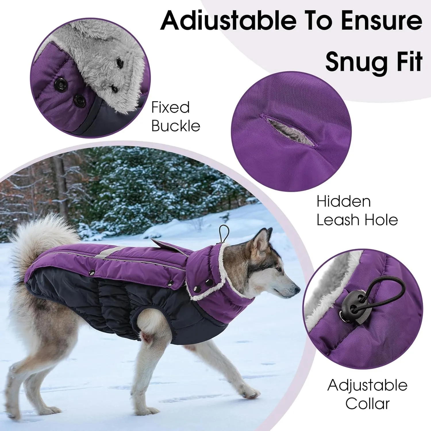 Queenmore Warm Fleece Dog Jacket - Cold Weather Waterproof Dog Snowsuit, Reflective Turtleneck, Purple, XL
