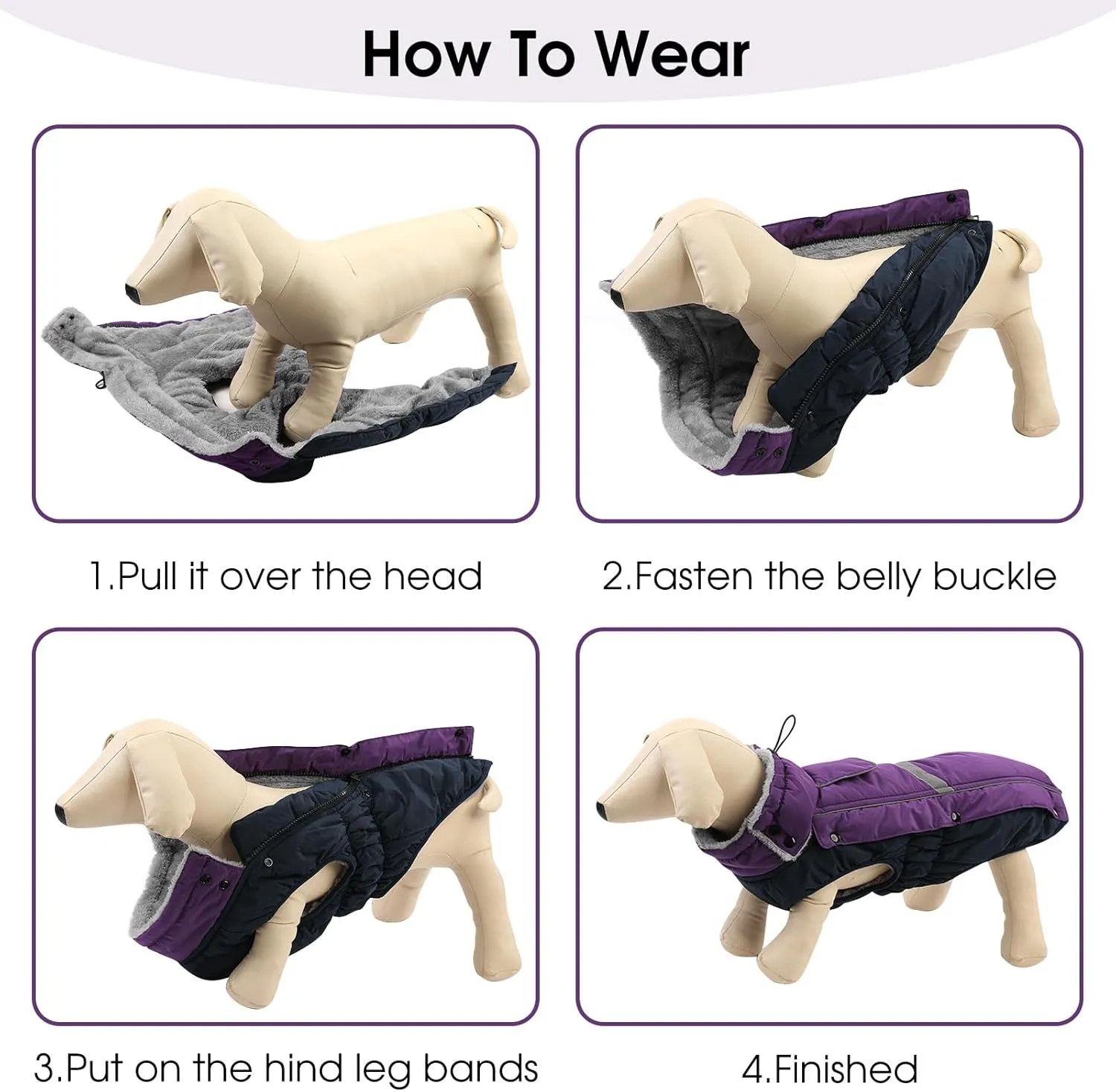 Queenmore Warm Fleece Dog Jacket - Cold Weather Waterproof Dog Snowsuit, Reflective Turtleneck, Purple, XL
