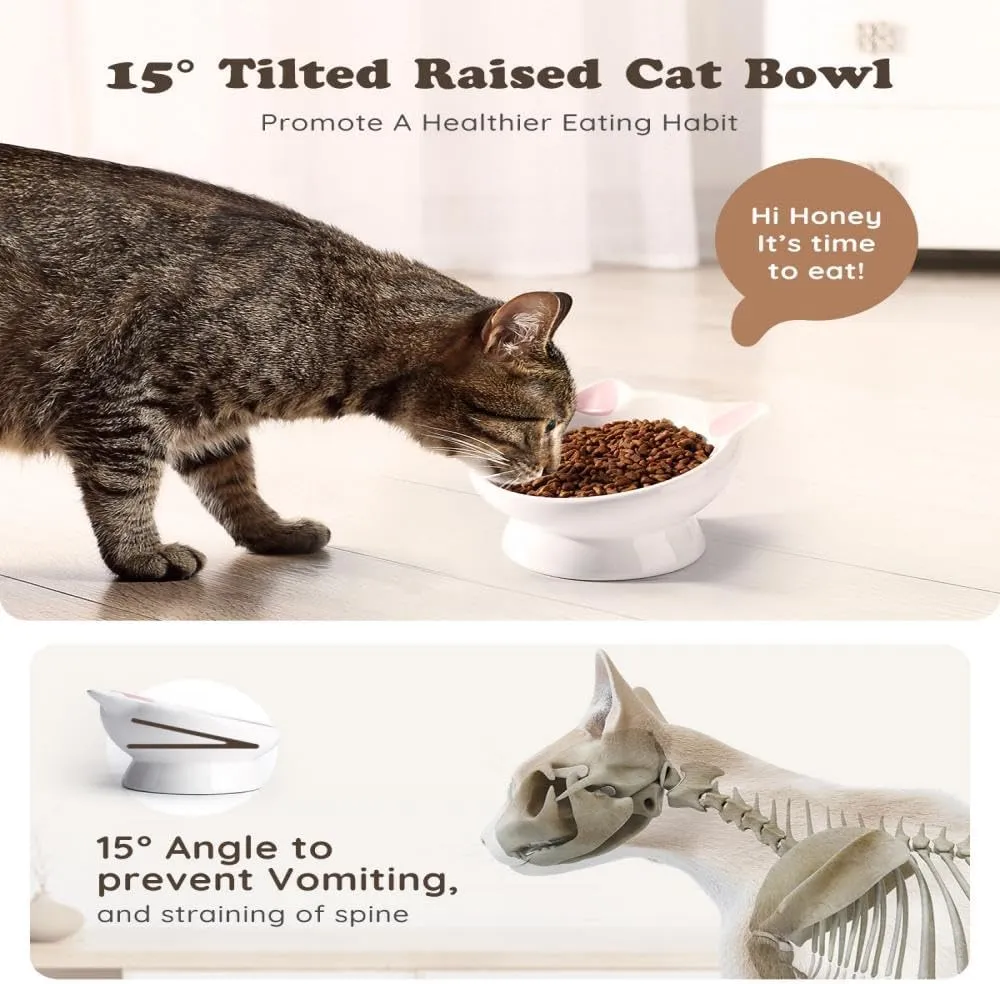 Raised Ceramic Cat Food Bowl - 15 Tilted, Spine Protection, Anti-Vomiting, Backflow Prevention for Adult Cats, Kittens, and Small Dogs - Pink