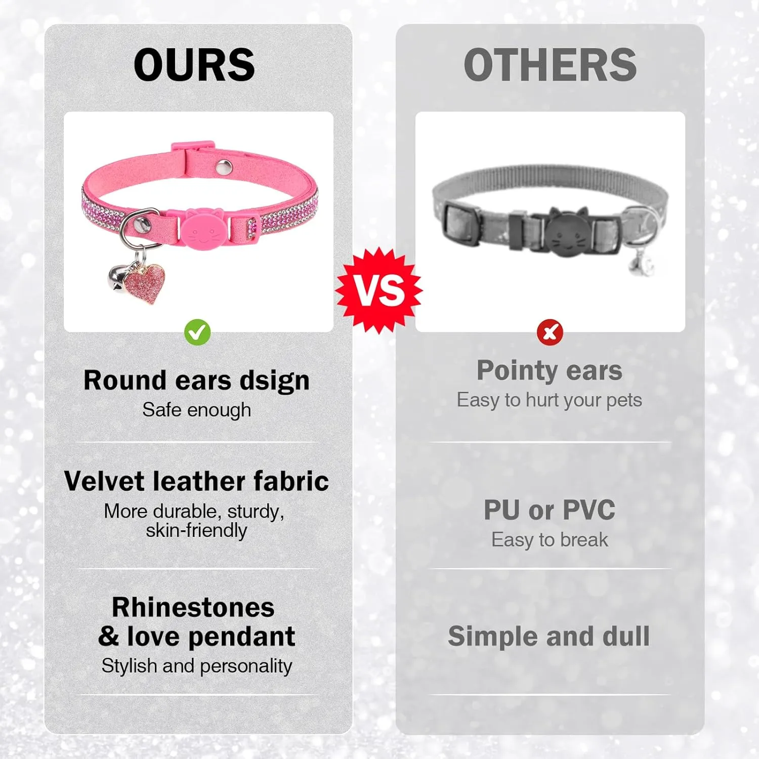 Rhinestone Cat Collar Breakaway with Bell Safety Buckle, 2 Pack Bling Diamond Kitten Collar for Gril Cats, Soft Velvet Female Cat Collars Adjustable 8-12 Inch, Pink