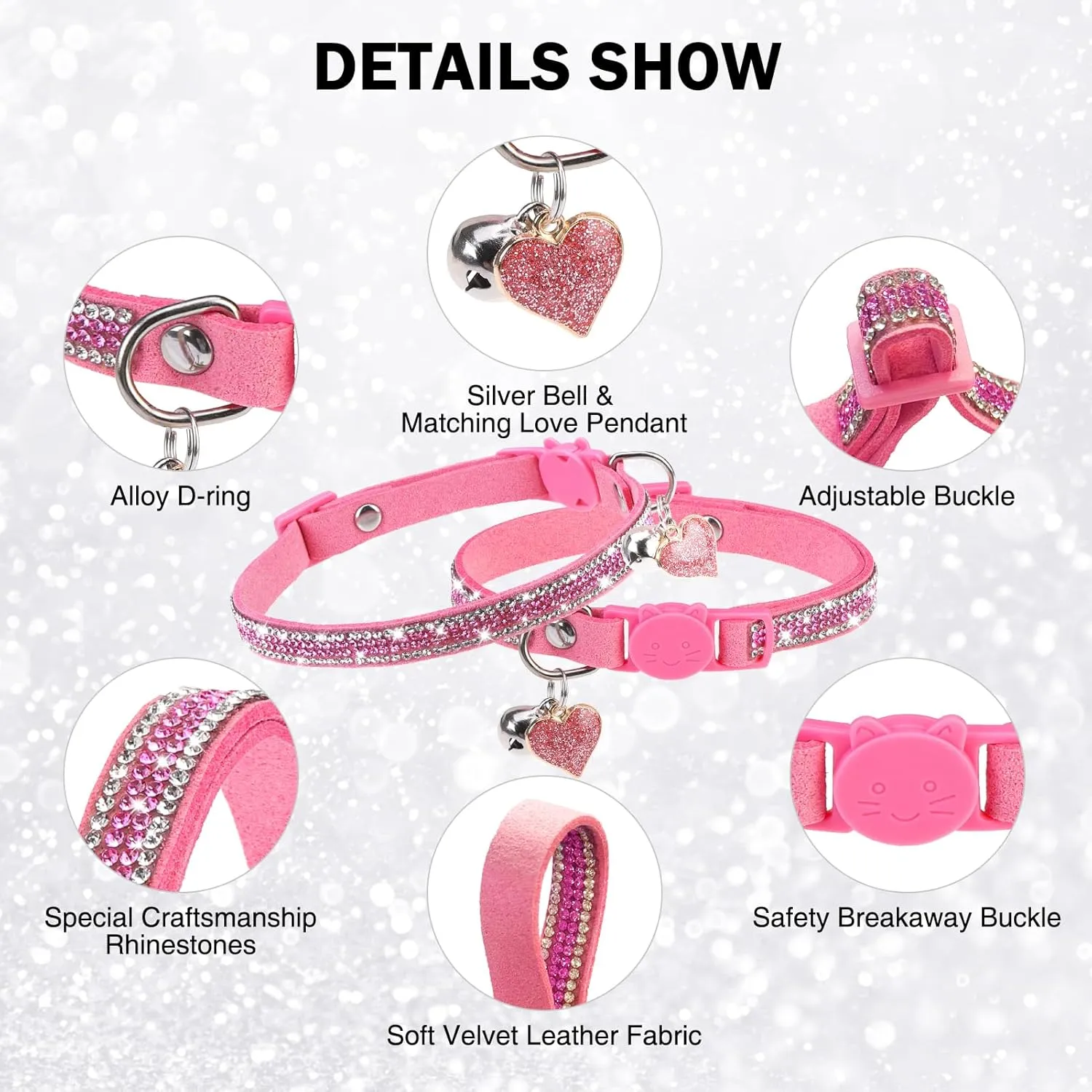 Rhinestone Cat Collar Breakaway with Bell Safety Buckle, 2 Pack Bling Diamond Kitten Collar for Gril Cats, Soft Velvet Female Cat Collars Adjustable 8-12 Inch, Pink