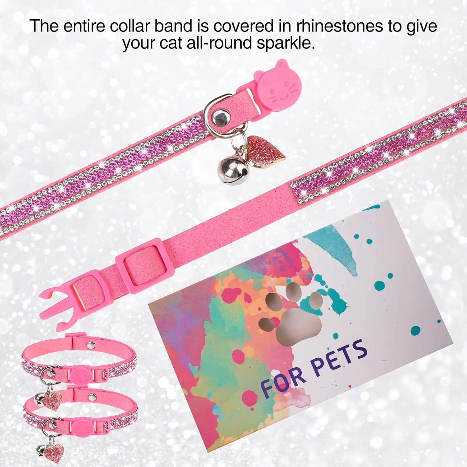 Rhinestone Cat Collar Breakaway with Bell Safety Buckle, 2 Pack Bling Diamond Kitten Collar for Gril Cats, Soft Velvet Female Cat Collars Adjustable 8-12 Inch, Pink