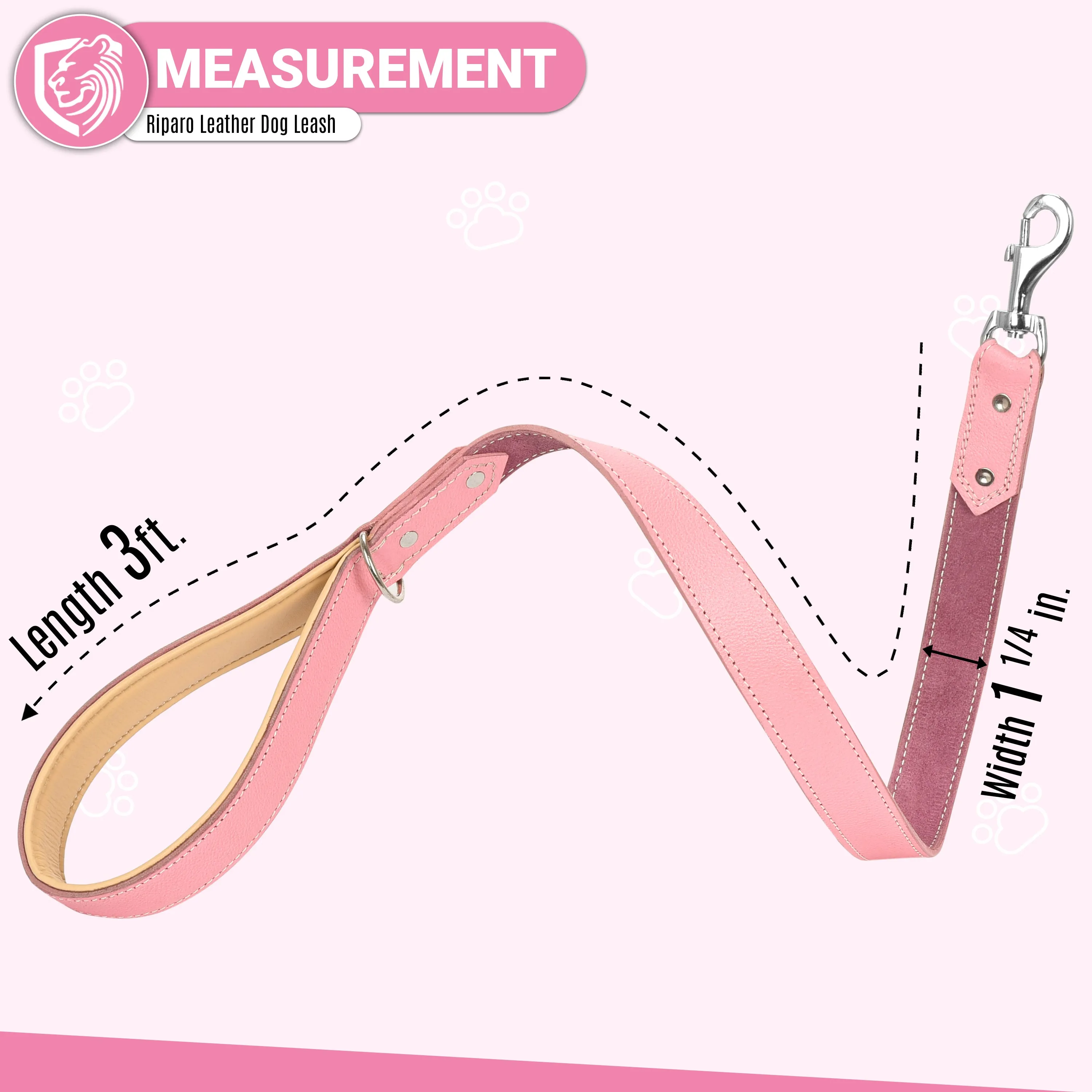 Riparo Heavy Duty Leather Dog Leash with Padded Handle, 3FT Long Dog Lead, 1.25IN Wide Dog Training Walking Leashes for Medium Large Dogs - Pink