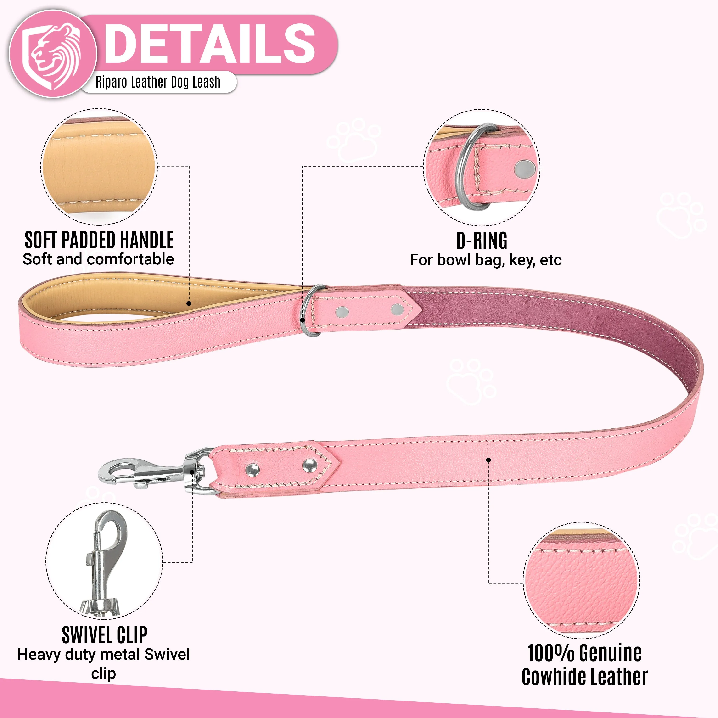 Riparo Heavy Duty Leather Dog Leash with Padded Handle, 3FT Long Dog Lead, 1.25IN Wide Dog Training Walking Leashes for Medium Large Dogs - Pink