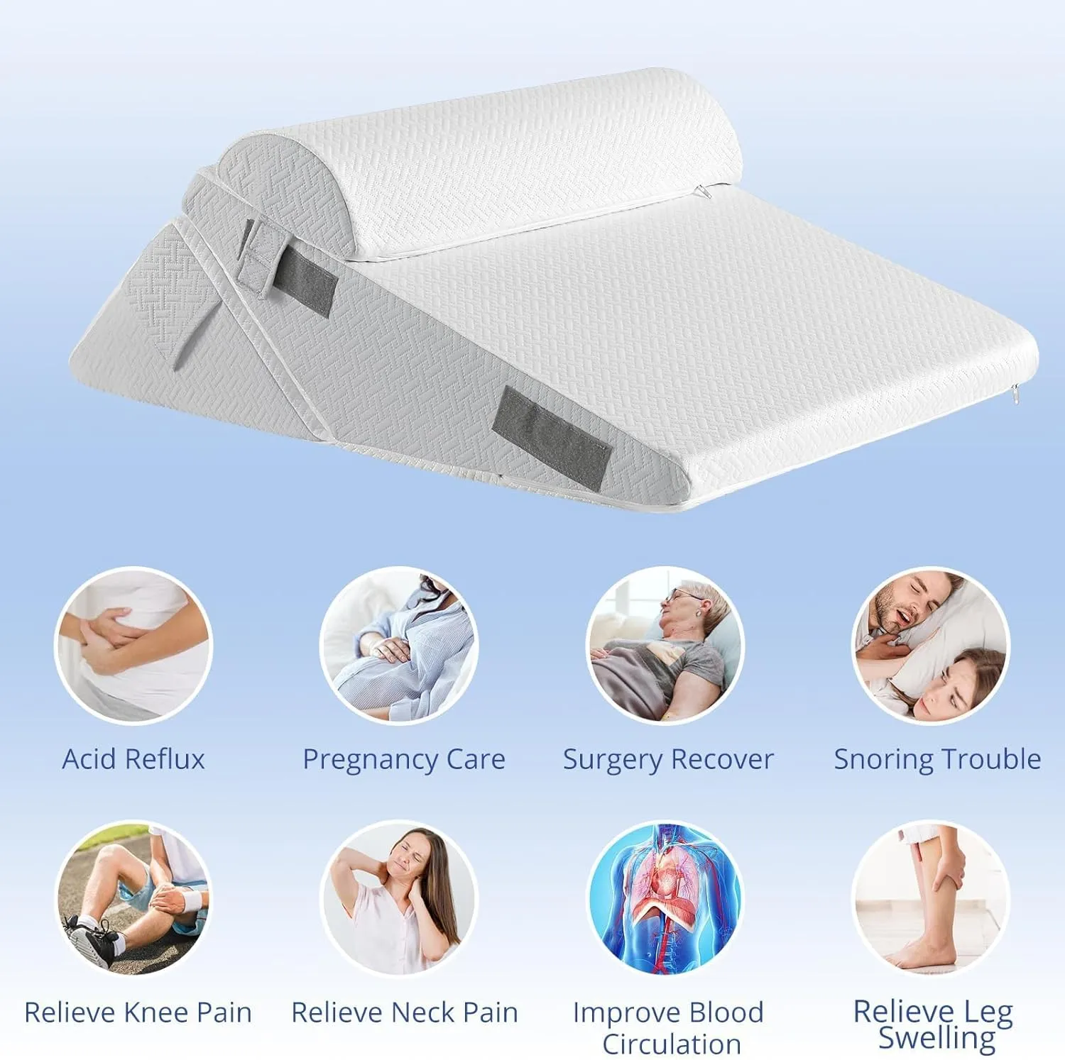 Sasttie Wedge Pillow Set for After Surgery, Adjustable Orthopedic Bed Wedge Pillow Set for After Surgery, Sleeping, Acid Reflux, Back Pain, and Recovery, Light Grey & White