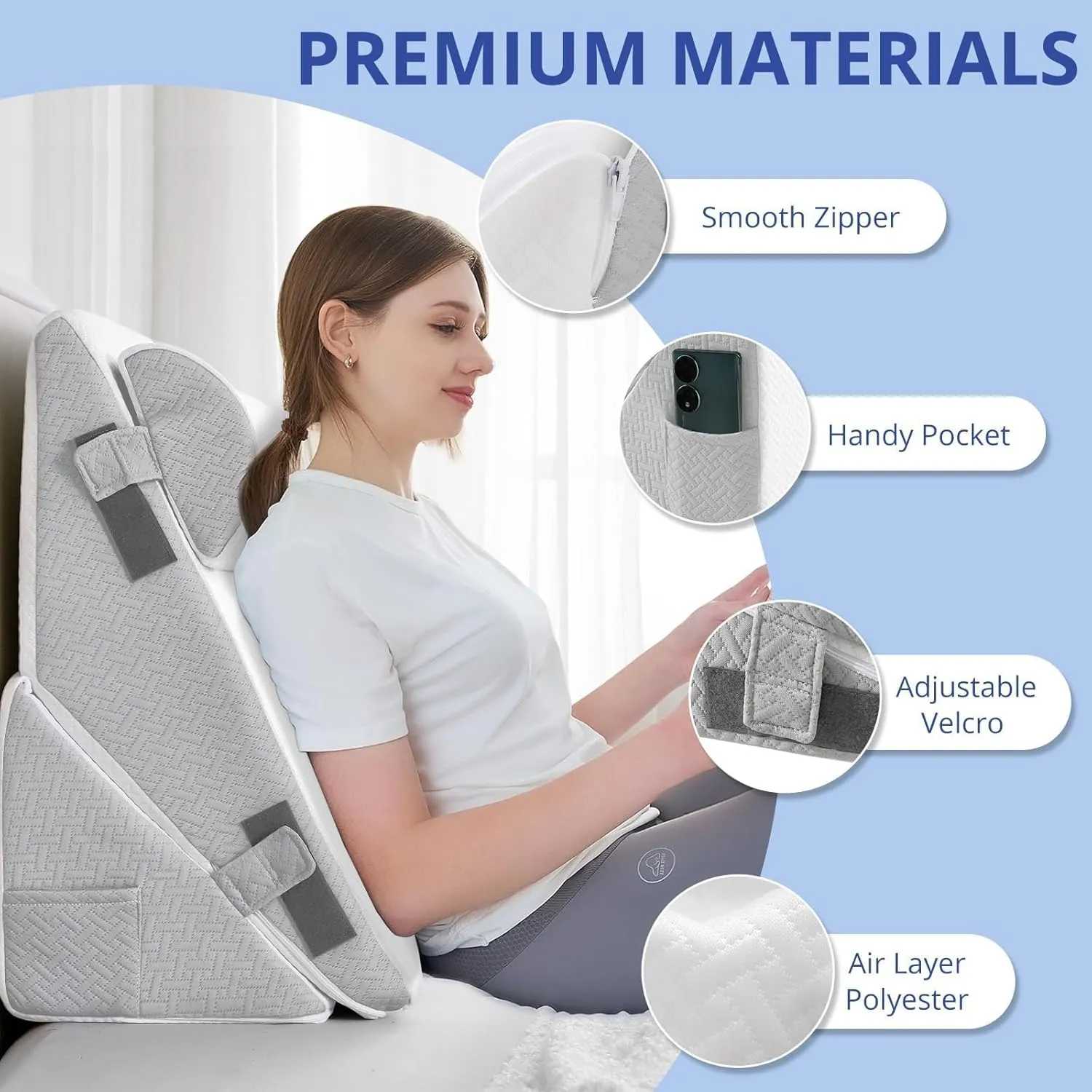 Sasttie Wedge Pillow Set for After Surgery, Adjustable Orthopedic Bed Wedge Pillow Set for After Surgery, Sleeping, Acid Reflux, Back Pain, and Recovery, Light Grey & White