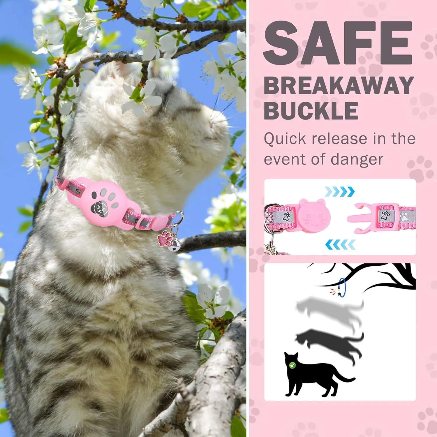 SCENEREAL Airtag Cat Collar Breakaway, Reflective Kitten Collar with Bell and Apple Air Tag Holder, GPS Cute Cat Collar, Glow in The Dark Pet Collars for Boy Girl Cats, Kittens, Puppies, Pink