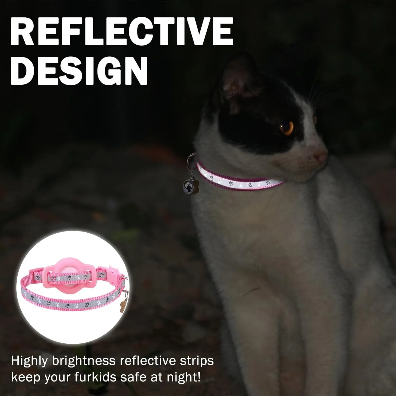 SCENEREAL Airtag Cat Collar Breakaway, Reflective Kitten Collar with Bell and Apple Air Tag Holder, GPS Cute Cat Collar, Glow in The Dark Pet Collars for Boy Girl Cats, Kittens, Puppies, Pink