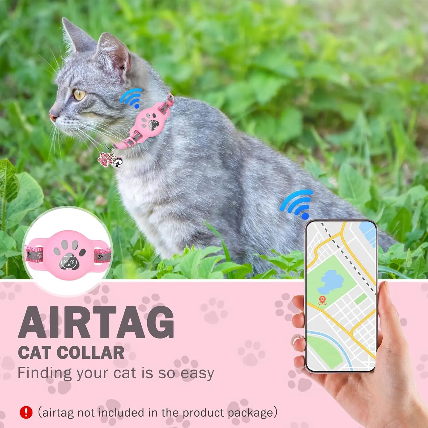 SCENEREAL Airtag Cat Collar Breakaway, Reflective Kitten Collar with Bell and Apple Air Tag Holder, GPS Cute Cat Collar, Glow in The Dark Pet Collars for Boy Girl Cats, Kittens, Puppies, Pink