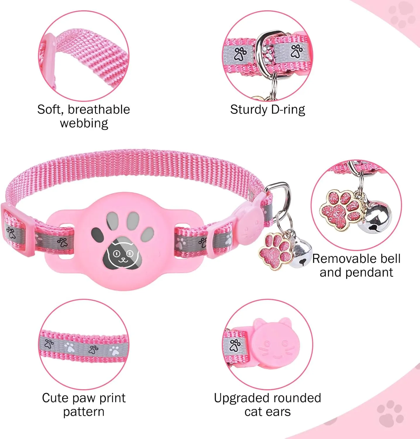 SCENEREAL Airtag Cat Collar Breakaway, Reflective Kitten Collar with Bell and Apple Air Tag Holder, GPS Cute Cat Collar, Glow in The Dark Pet Collars for Boy Girl Cats, Kittens, Puppies, Pink