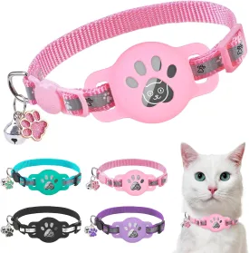 SCENEREAL Airtag Cat Collar Breakaway, Reflective Kitten Collar with Bell and Apple Air Tag Holder, GPS Cute Cat Collar, Glow in The Dark Pet Collars for Boy Girl Cats, Kittens, Puppies, Pink