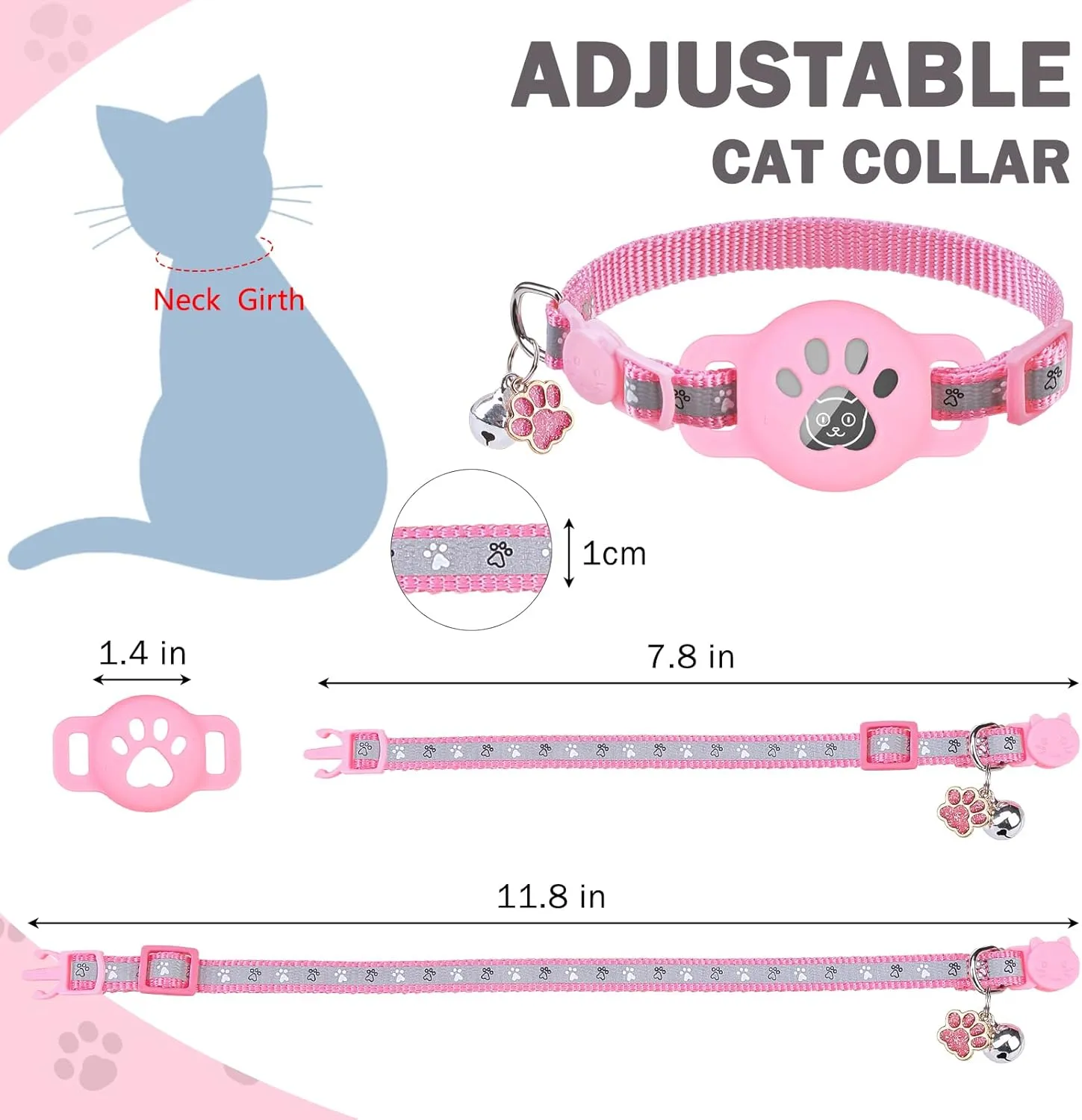 SCENEREAL Airtag Cat Collar Breakaway, Reflective Kitten Collar with Bell and Apple Air Tag Holder, GPS Cute Cat Collar, Glow in The Dark Pet Collars for Boy Girl Cats, Kittens, Puppies, Pink