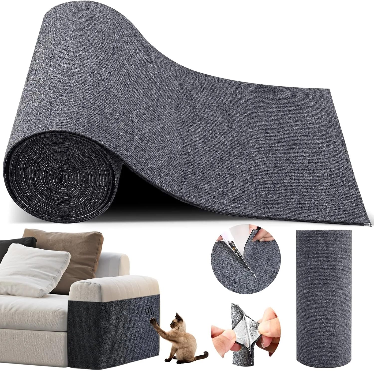 Self Adhesive Cat Scratching Mat 236" x 16" Cuttable Furniture Protector Rug for Couch, Floor, Wall, Anti-Slip Durable Carpet for Indoor Cats, Friendly, Easy to DIY