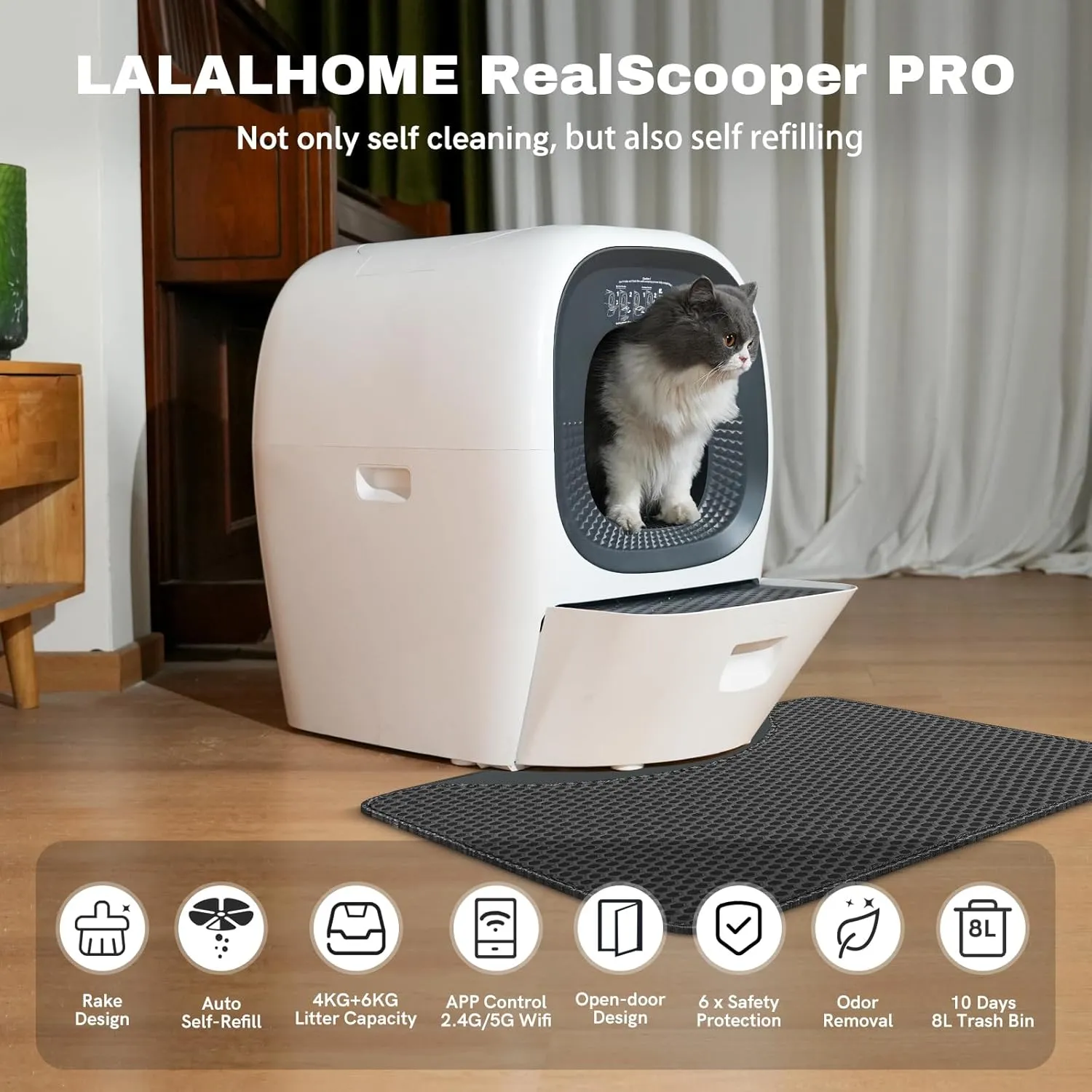 Self Cleaning Litter Box Auto Refill, Automatic Robot Litter Box for Multiple Cats, Hand-Like Rake Scooping/Odor Control System/6 x Safety Sensor/5G App Control, Large 80L Kitty Box Waste Disposal
